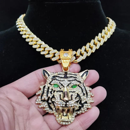 Tiger Pendant Cuban Chain Iced Out Bling Necklace