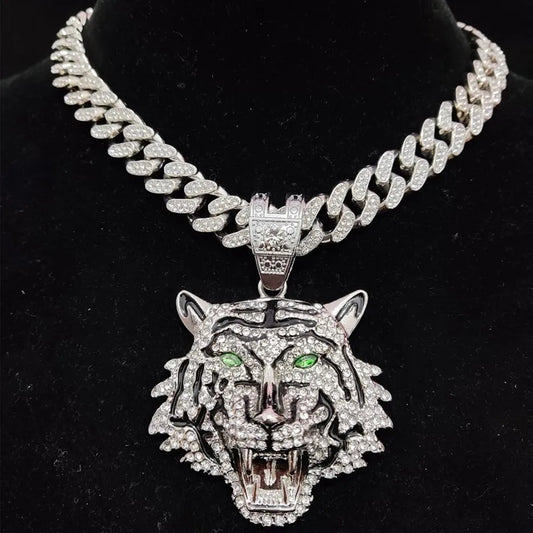 Tiger Pendant Cuban Chain Iced Out Bling Necklace