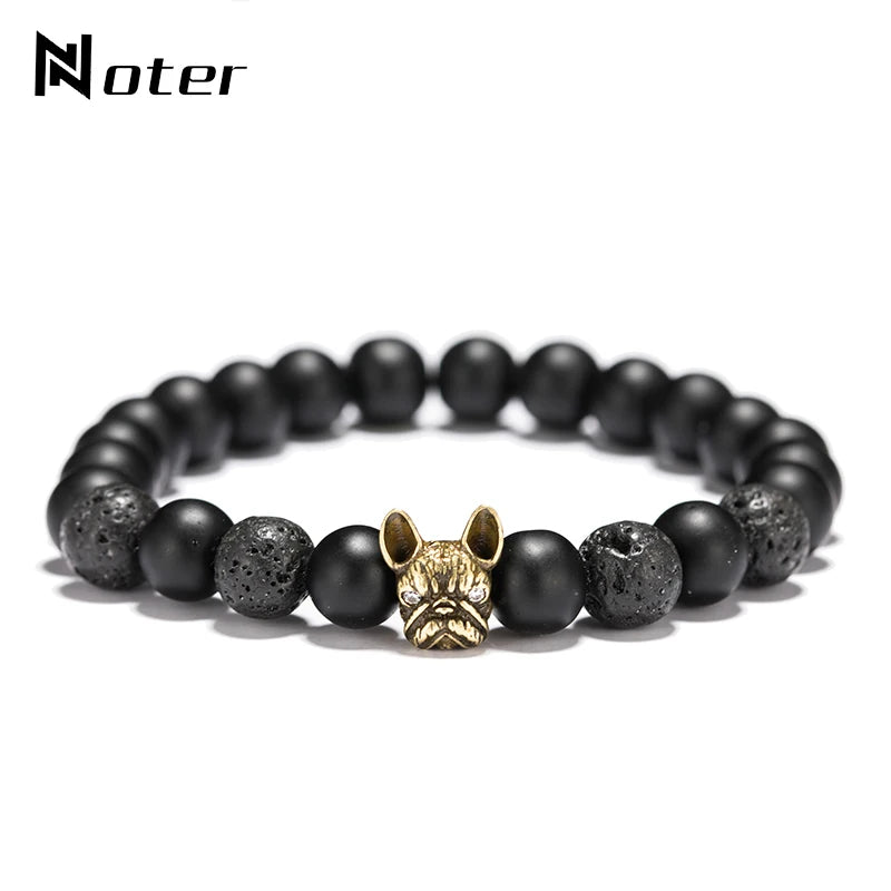 French Bulldog Vintage Bracelet Natural Onyx Lava Stone