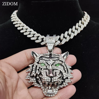 Tiger Pendant Cuban Chain Iced Out Bling Necklace