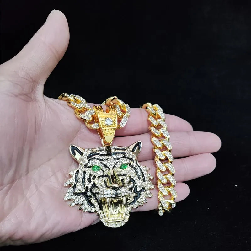 Tiger Pendant Cuban Chain Iced Out Bling Necklace