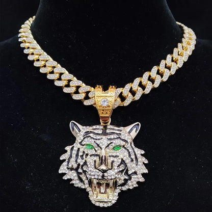 Tiger Pendant Cuban Chain Iced Out Bling Necklace