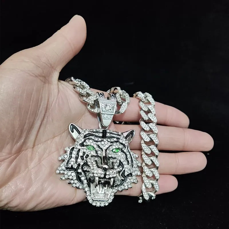 Tiger Pendant Cuban Chain Iced Out Bling Necklace